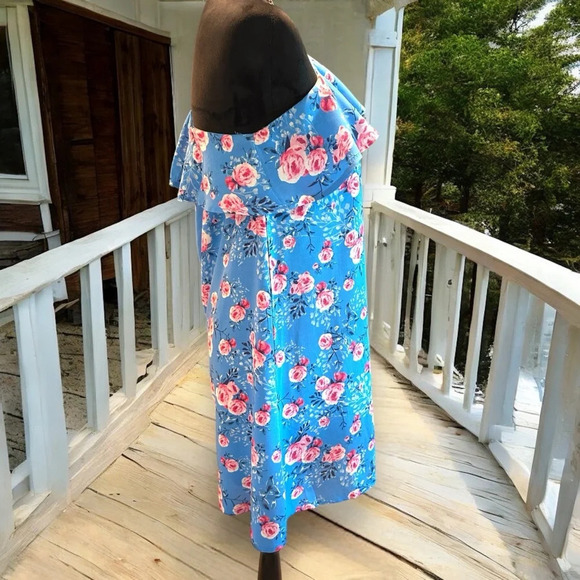 Andree By‎ Unit Floral Ruffle Off Shoulder One Sleeve Dress Blue Pink Sz Small - Picture 4 of 6
